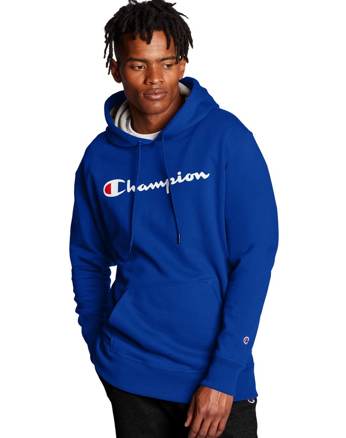 Champion Mens Hoodie NZ - Powerblend Fleece Script Logo Blue ( 8540-PNZYC )